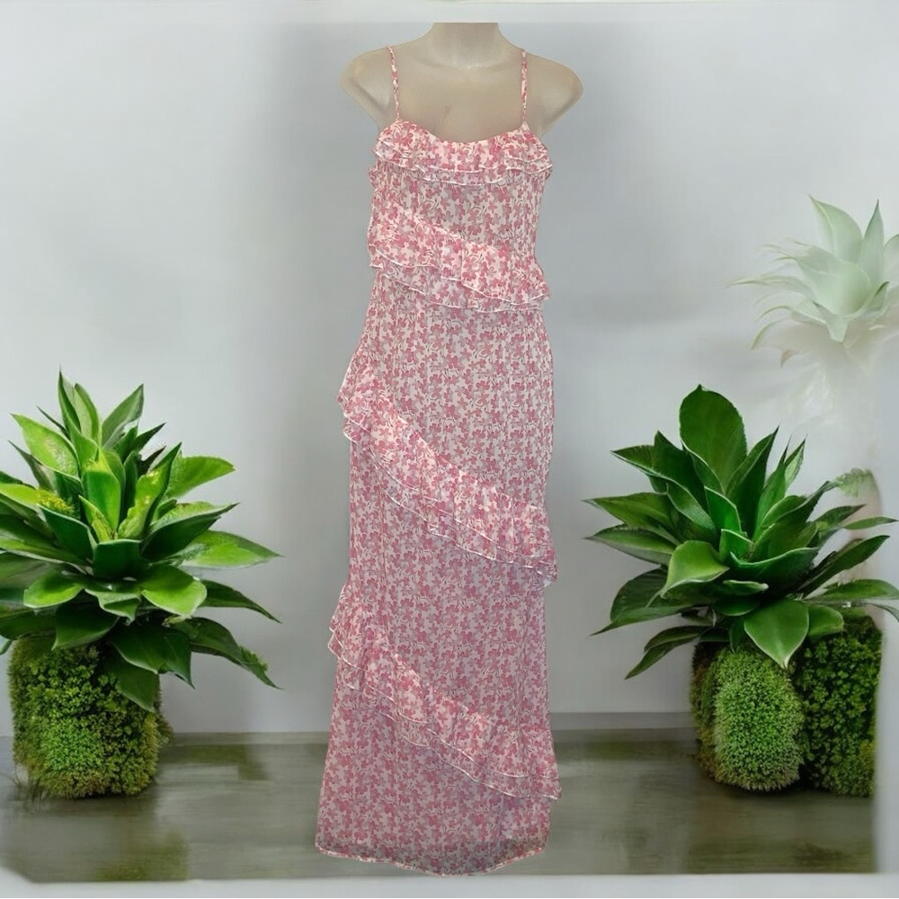 PrettyLittleThing Pink Floral Chiffon Maxi Dress | Size 2 | Sheer Frill Detail - Picture 2 of 9
